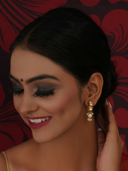 Kundan Earrings with Pearl Drops (Gold) - Ruby Raang