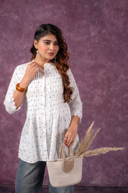 Juniper Cloud Blossom Printed Short Peplum Kurti With Lace Sleeves