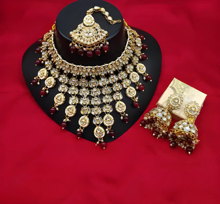 Jewel City Kundan Choker Necklace Set with Maang Tikka & Jhumka Earrings - Traditional Indian Bridal Jewelry Collection Gold-Plated