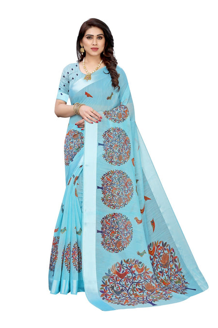 Vamika Linen Satin Border Sky Blue Bollywood Style Saree