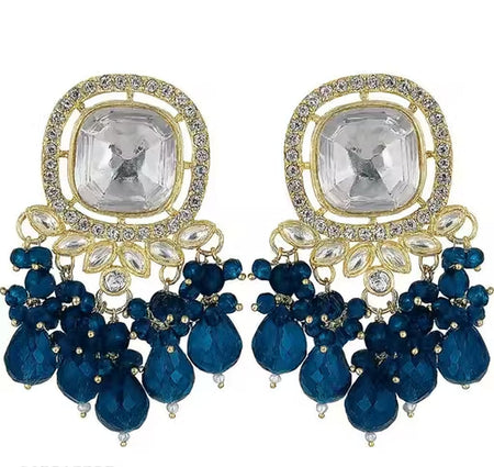 Jewel City Traditional Gold-Plated Kundan Earrings with Blue Beads ā Handcrafted Ethnic Dangler Jewelry ā Wedding & Party Wear