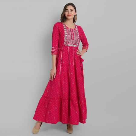 Juniper Fuchsia Rayon Festive Wear Embroidered Tiered Long Dress