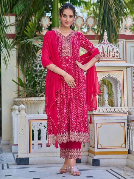 Nyra Cut Embroidered & Bandhani Printed Kurta With Lace Embroidered Pant & Dupatta, Rani - Hiral Fashion