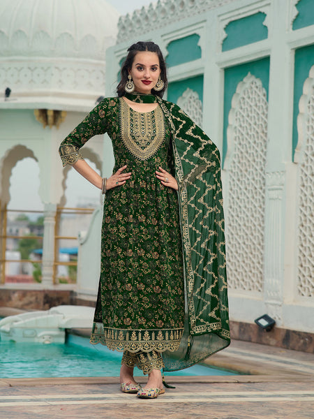 Nyra Cut Embroidered & Floral Printed Kurta With Pant & Foil Print Dupatta, Green - Hiral Fashion