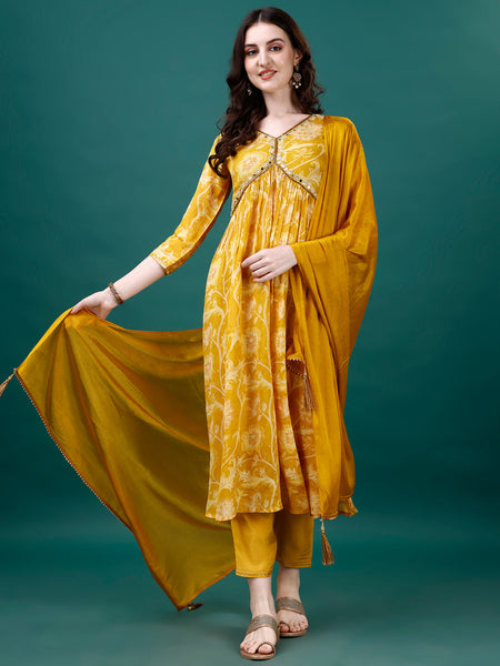 Alia Cut Hand Embroidered & Printed Pure Chinon Kurat With Pant & Dupatta, Multicolor - Hiral Fashion