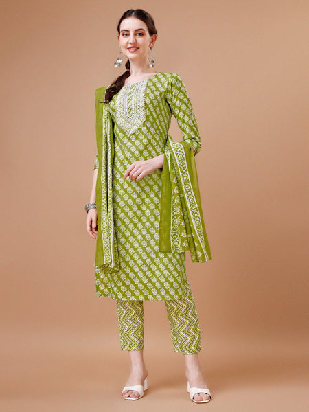 Embroidered & Floral Printed Kurta With Pant & Dupatta, Multicolor - Hiral Fashion