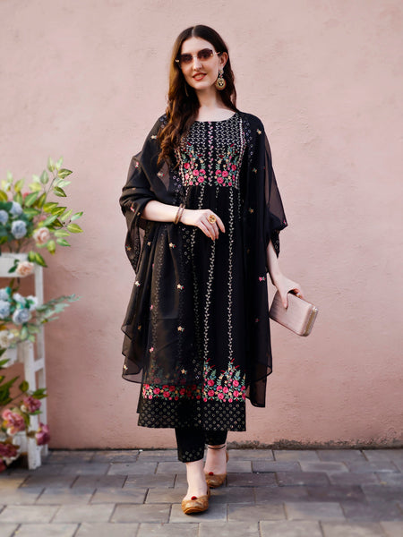Nyra Cut Floral Front Embroidered Kurta With Pant & Organza Embroidered Dupatta Premium Luxury, Multicolor - Hiral Fashion