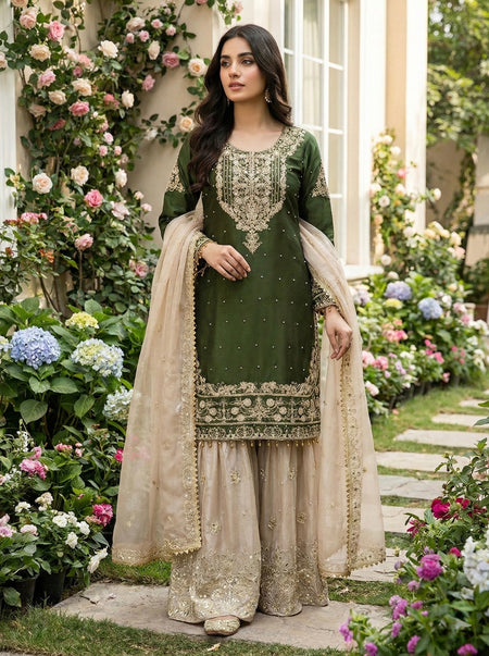Prazu Fashion Green Jimmy Silk Embroidery Dori Sequence Palazzo Suit