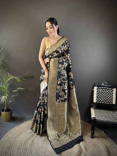Joban Fashion Black Floral & Ethnic Motifs Design Soft Silk Meenakari Banarasi Saree