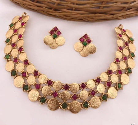 Jewel City Luxurious Temple Coin Necklace Set with Red Green Stones - Traditional South Indian Goddess Lakshmi Design Wedding Jewelry Collection