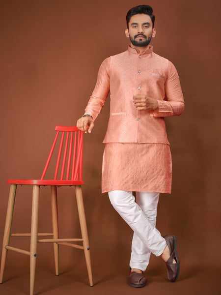 Anaita Peach Jacquard Silk Straight Kurta With Koti & Pajama