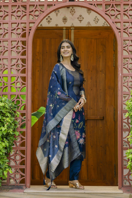 The52 Women's Beautiful Printed Work Jacquard Organza Fabric Straight Kurta Pant and Dupatta Set