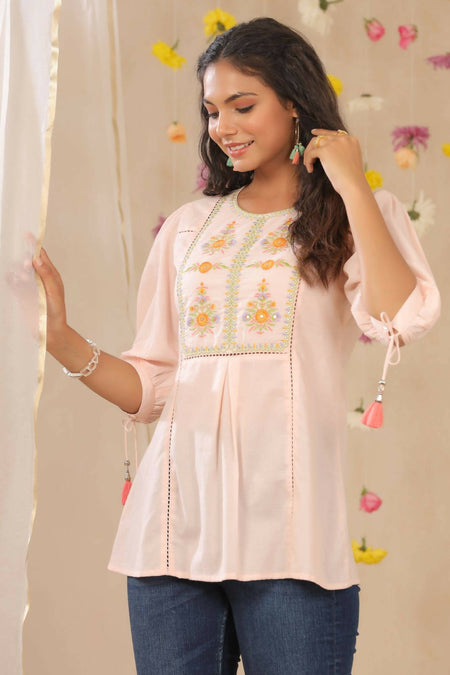 Juniper Women Peach Cotton Dobby Embroidered A-Line Tunic