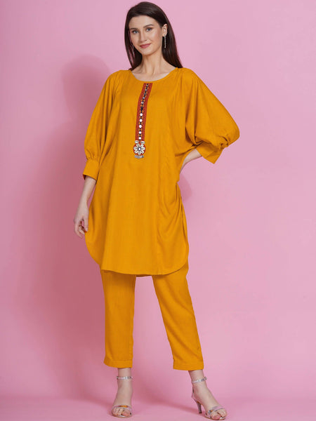 Women Republic Yellow Rayon Boxed Kurta With Pants