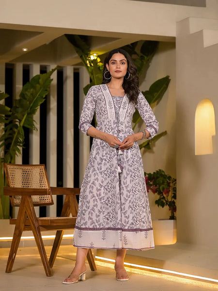 Yufta Purple Floral Print Kantha Work A-Line Dori Work Dress