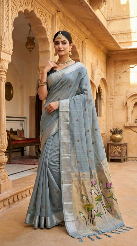 Vastranavya Sky Blue Muga Cotton Meenakari & Munia Weaving Pallu Saree with Contrast Blouse