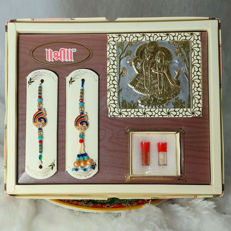 Indianvibez Exclusive Gift Pack Of Bhai Bhabhi Meenakari Desginer Rakhi With Roli & Krishna Silver Gold Plated Radha Krishna Foil