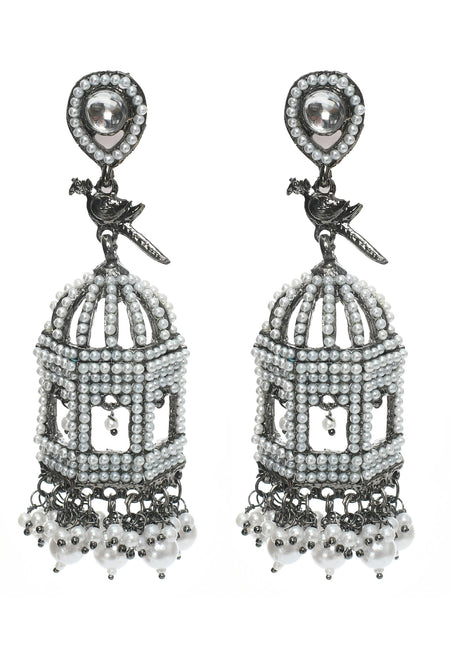Mominos Fashion Johar Kamal Silver Color Bird Nest Earrings With Pearls