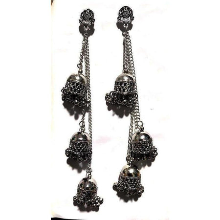 MS Fashion India Antique Silver Long Chain Triple Afghani Hanging Kashmiri Earrings