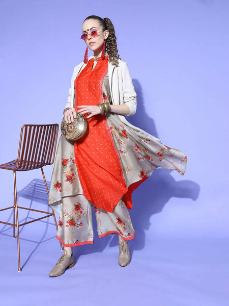 Ahalyaa Women Beige Colour Chanderi Digital Printed Kurta Palazzo Set