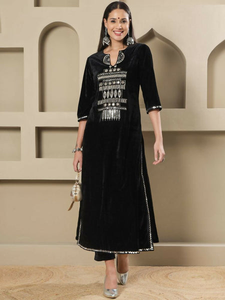 Joban Fashion Women Black Velvet Hand Embellishment Stitched Kurta Set