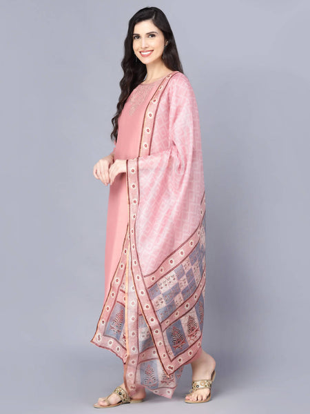 Myshka Women Peach-Coloured Layered Kurta with Trousers With Dupatta