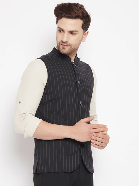 Even Apparels Black Merino Men Woven Nehru Jacket