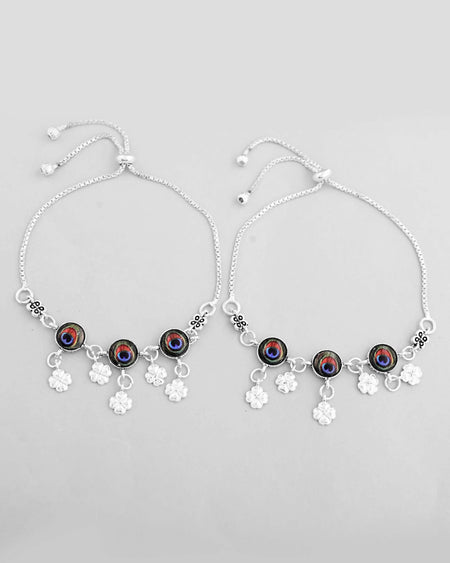 VOJ Set of 2 Silver Plated Peacock Printed HandCrafted Anklet