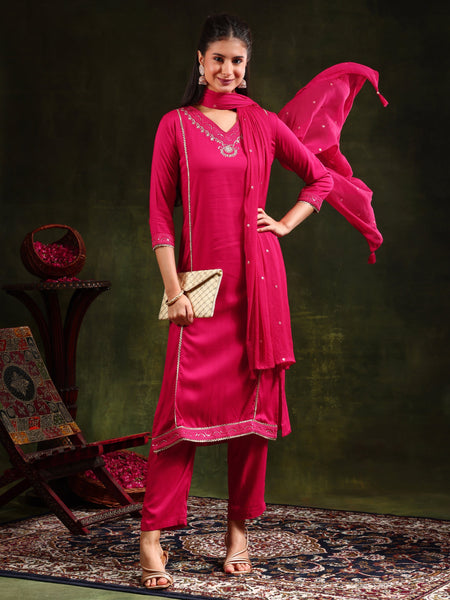 Sequined Embroidered Kurta With Pant & Sequined Embroidered Dupatta, Pink - Hiral Fashion