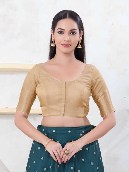 Joban Fashion Light-Gold Brocade Elbow Sleeveless Front Open Blouse