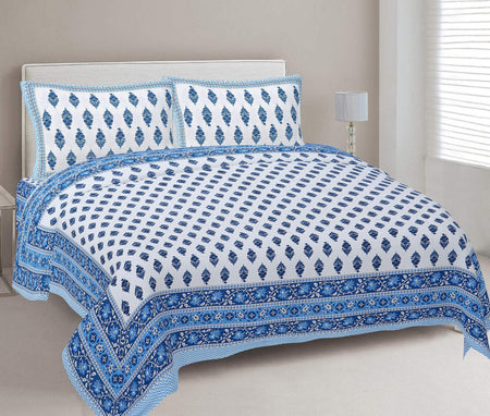 Rudra Bazaar Blue 210 TC Cotton Double King Bedsheet With 2 Pillow Covers