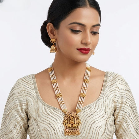 Jewel City Traditional Gold-Plated Temple Jewelry Set - Handcrafted Elephant Motif Green Bead Long Necklace & Jhumka Earrings