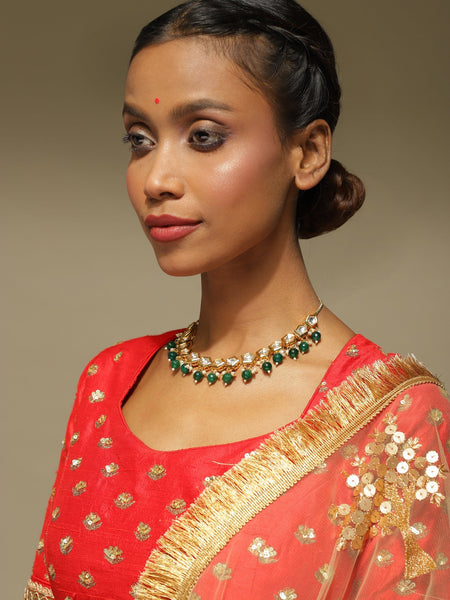 Gold-Polished White Greeb Brass Kundan Pearls Necklace - Ruby Raang
