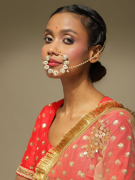 White Gold-Toned Plated Kundan Vilandi Chained Nose Ring - Ruby Raang