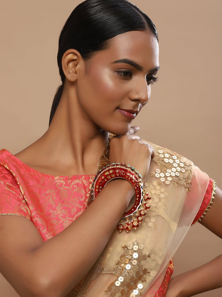 Gold-Polished Red Stone Studded Meenakari Bangle - Ruby Raang
