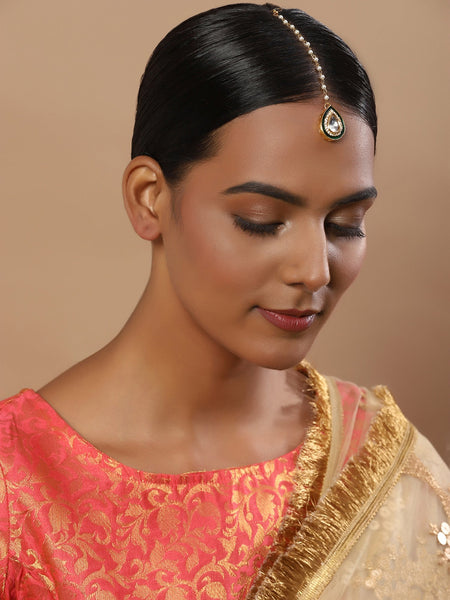 White Gold-Toned Plated Kundan-Studded Pearl Beaded Maang Tikka - Ruby Raang