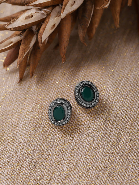 Silver-Plated Oval Kundan Studded Studs Earrings - Ruby Raang