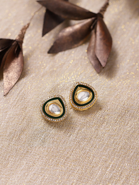 Gold-Polished Teardrop Kundan Studs Earrings - Ruby Raang