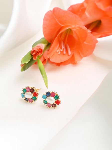Multicoloured Gold-Toned Contemporary Studs Earrings - Ruby Raang