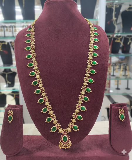 Jewel City Antique Gold-Plated Lakshmi Temple Necklace Set with Pearls & Green Stones for Women