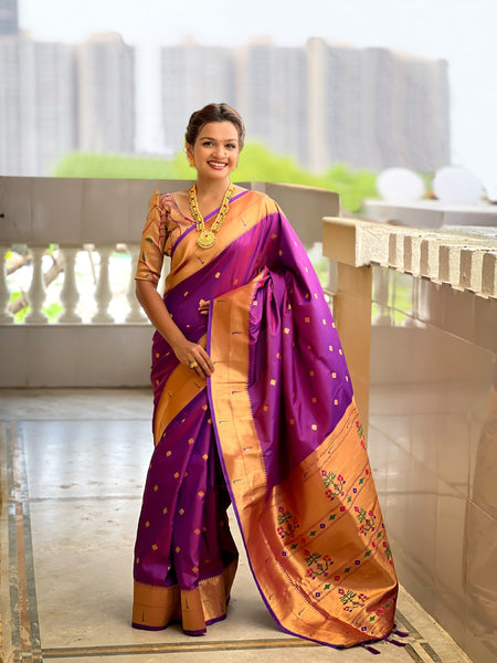 Vedant Vastram Soft Litchi Silk Paithani Jacquard Saree - Purple