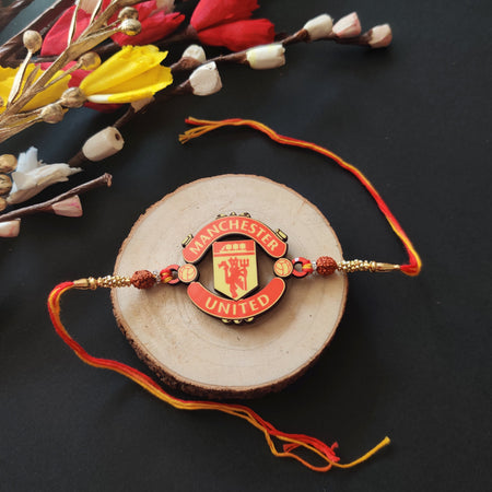 Indianvibez Manchester United Wooden Rakhi with Rudraksha, Football Rakhi for Bro, Shop India - Kids Rakhi