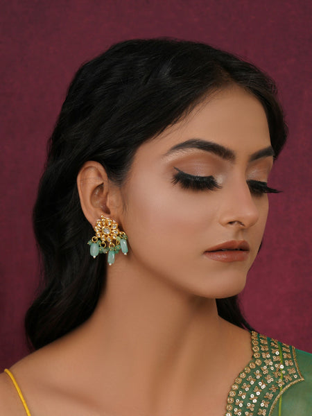 Mint Stone Kundan Earrings (Gold) - Ruby Raang