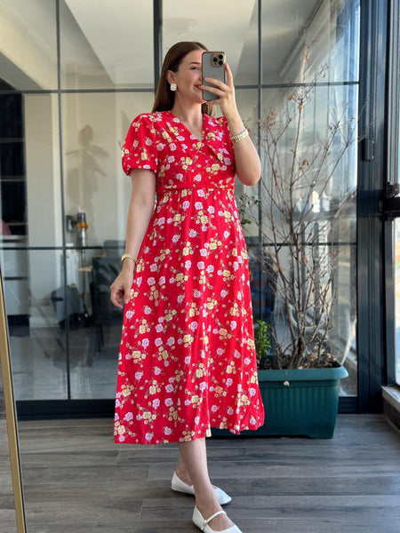 Pimu New Season Baby Collar Viscose Midi Dress - Belted Trend - Red