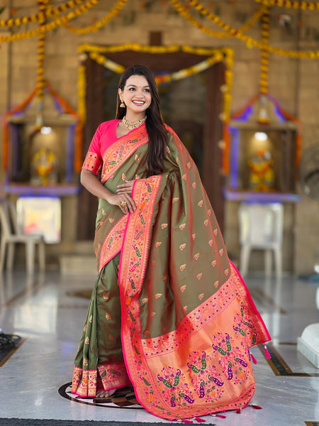 Vedant Vastram Soft Litchi Silk Paithani Jacquard Saree - Mahendi