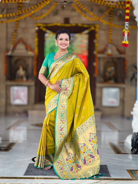 Vedant Vastram Soft Litchi Silk Paithani Jacquard Saree - Olive