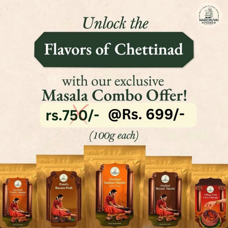 Narchuvai Foods Flavors of Chettinad Combo (Chettinad Sambar Masala + Karaikudi Curry Masala + Dindugul Biryani Masala + Fish Curry Masala + Patti's Rasam Podi)
