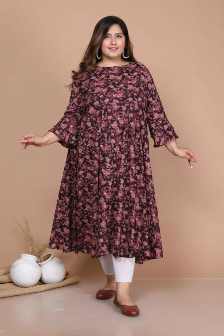 Miravan Women's Plus Size Stunning Black Colored Bell Sleeve Floral Printed Anarkali Kurta