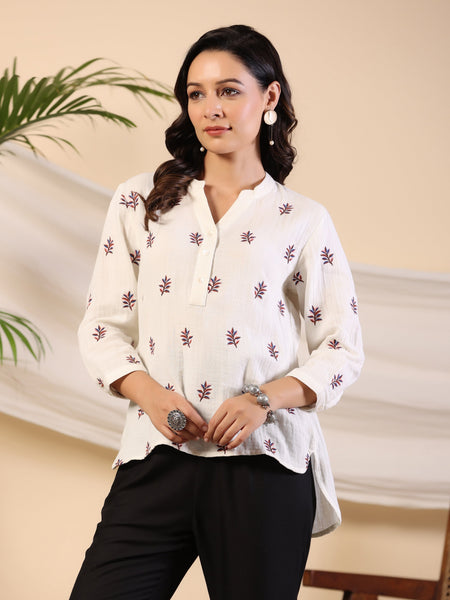 Juniper Ivory Women Floral Embroidered High-Low Cotton Tunic With Half Placket