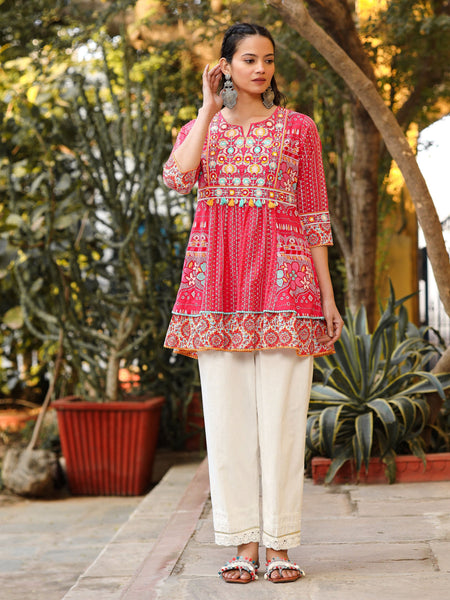 Juniper Women Pink Cotton Cambric printed & Embroidered Tunic